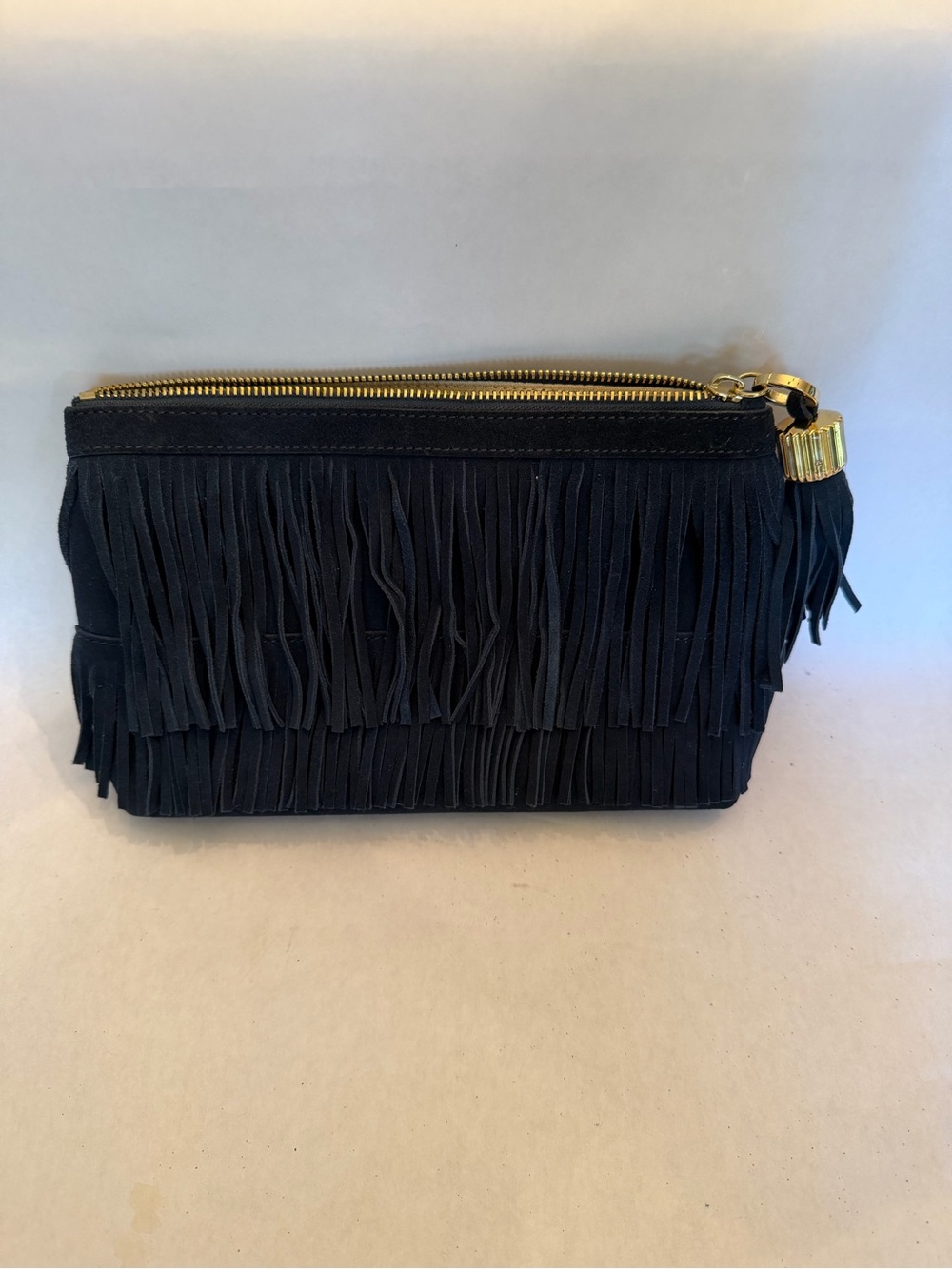 India Hicks Navy Fringe Zip-Top Clutch with Gold Accent